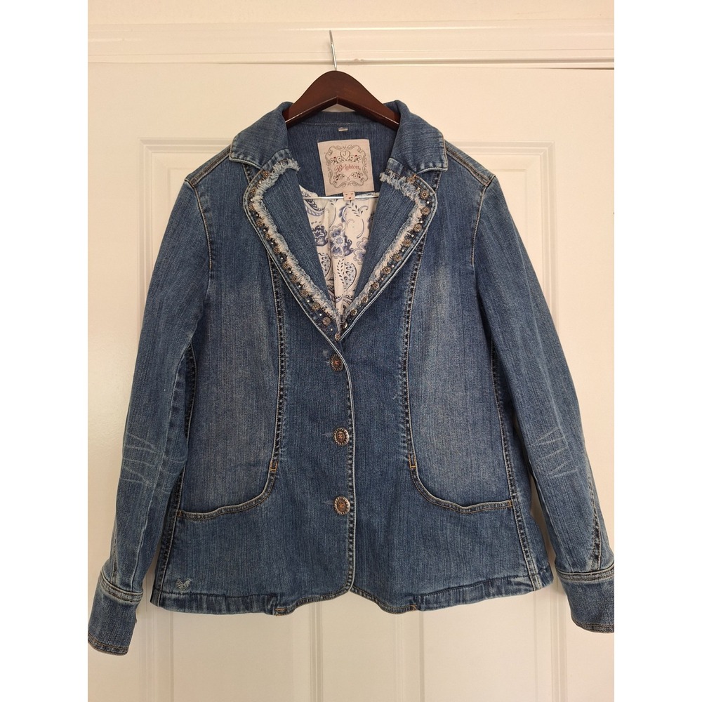 Brighton‎ Blue Denim Jacket Women's Size Large Embroidery Hearts